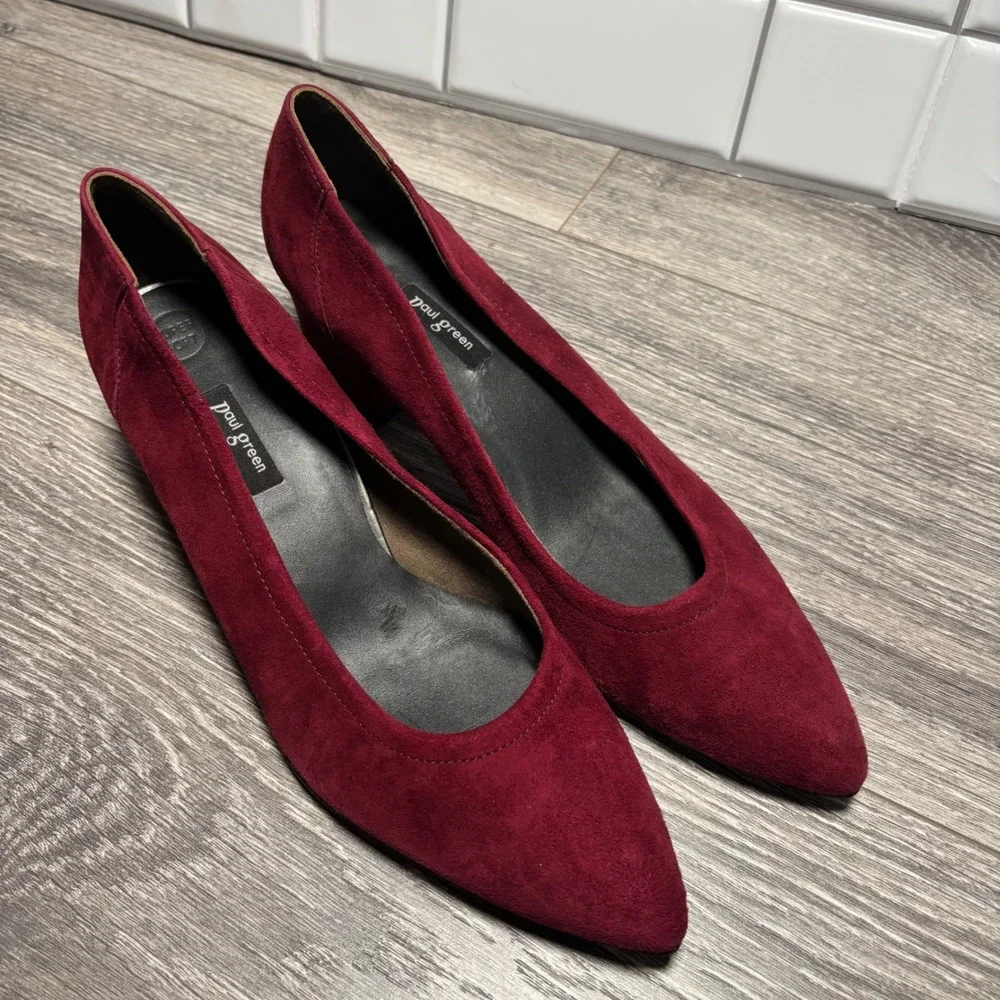 Paul Green‎ Burgundy Suede Tammy Pointed Toe Block Heel Pumps Dress Size 7.5